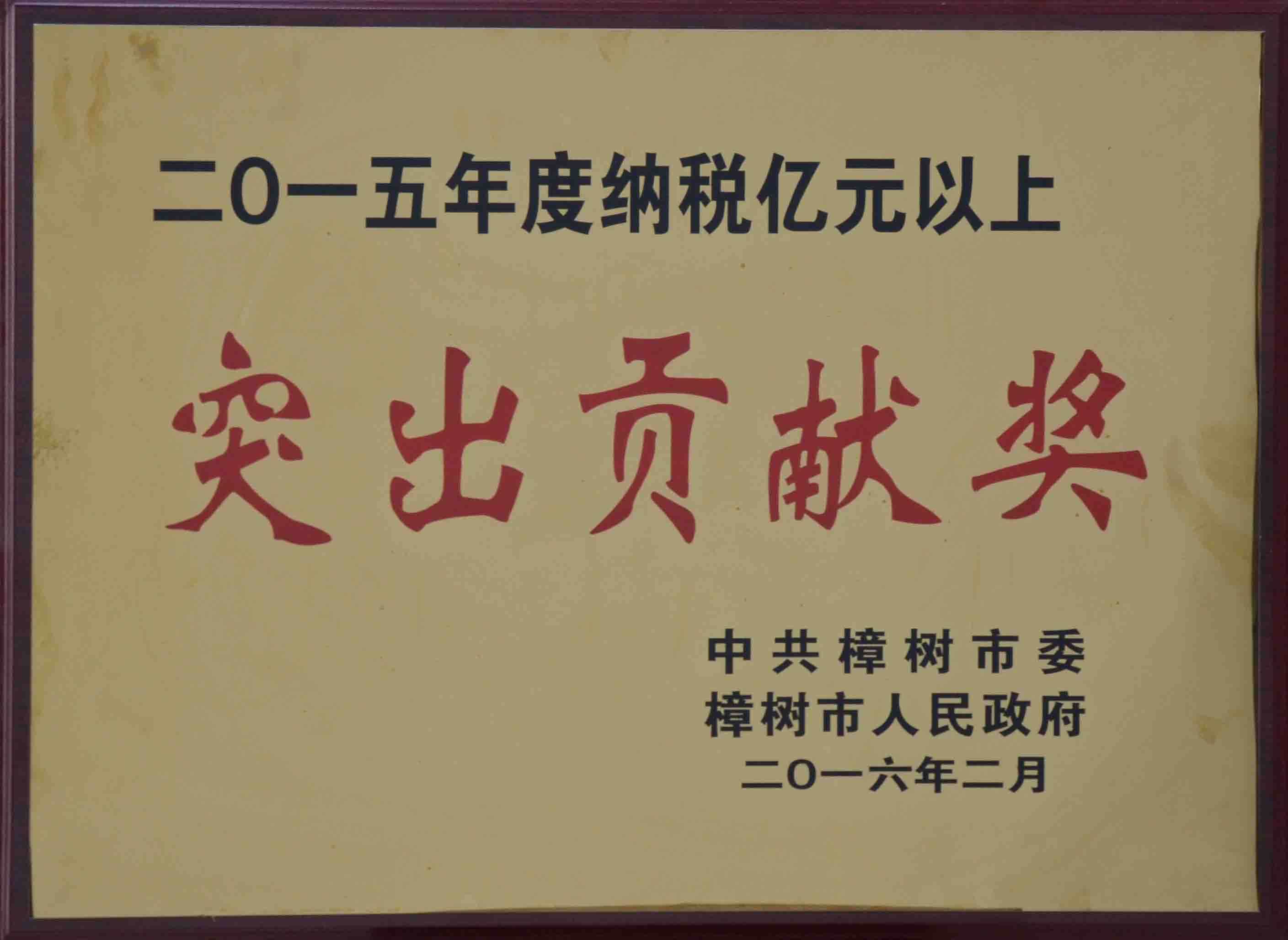 突出貢獻(xiàn)獎（2015年度納稅億元以上）